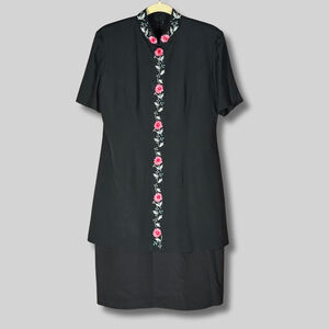 Vintage Karin Stevens Dress Embroidered Floral Print Mandarin Collar Black W 10